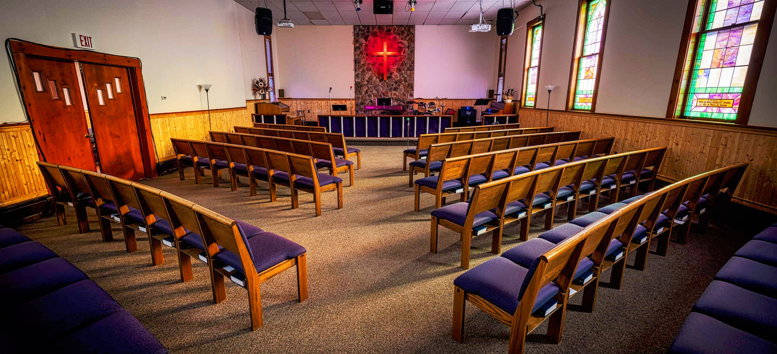 Our sanctuary is comfortable and spacious. Seating is plentiful and chairs are cushioned. There is plenty of room for our ADA guests.